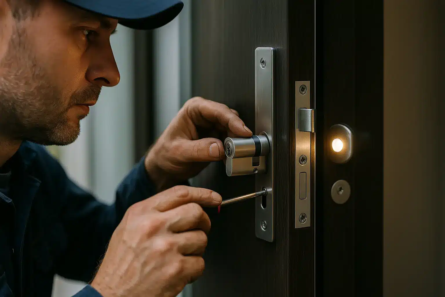 מנעולן מתקין צילינדר מנעול חדש בדלת כניסה לבית