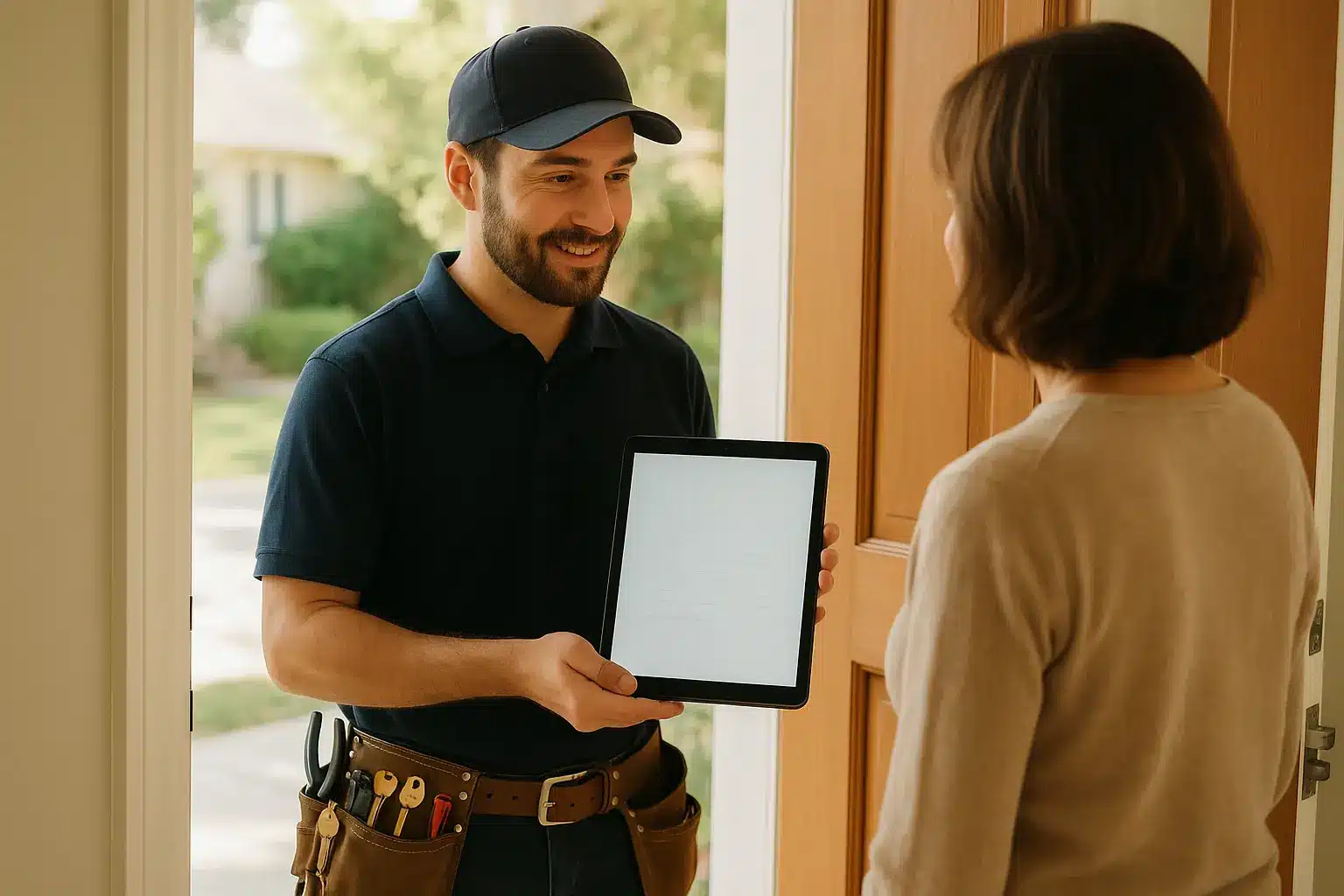 מנעולן מקצועי מציג הצעת מחיר ללקוח בפתח הבית