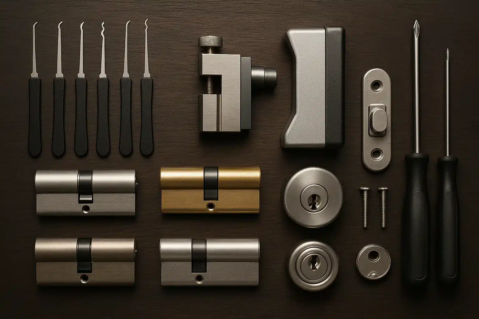 כלי עבודה מקצועיים של מנעולן מסודרים על משטח עץ