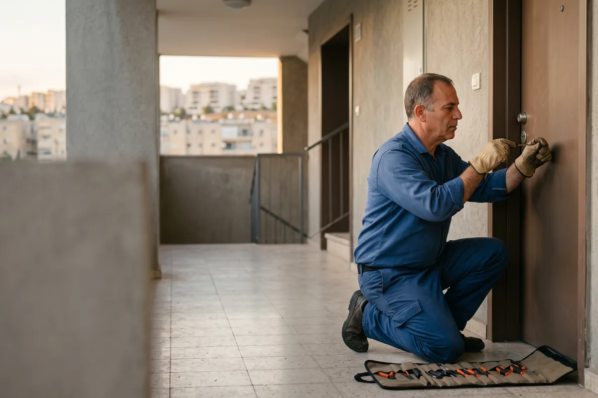 מנעולן בבית שמש - רגע פתיחת דלת נעולה בכניסה לבניין מגורים