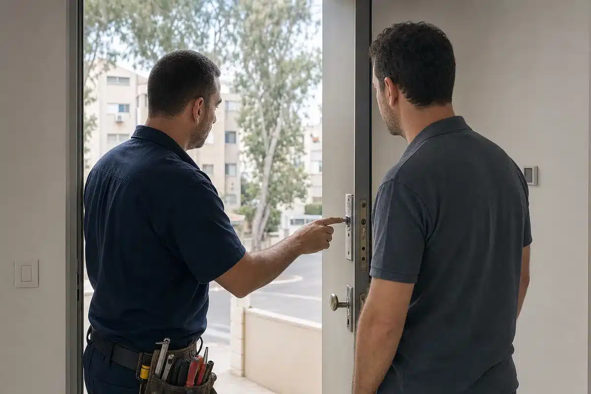 מנעולן בחדרה מסביר לדייר על מנעול דלת הכניסה