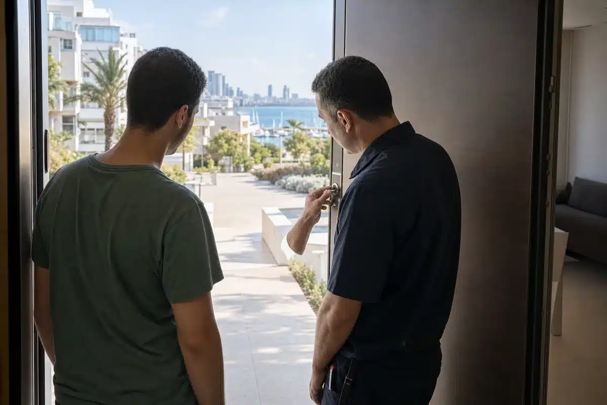 מנעולן בהרצליה מסביר לדייר על מנעול דלת הכניסה