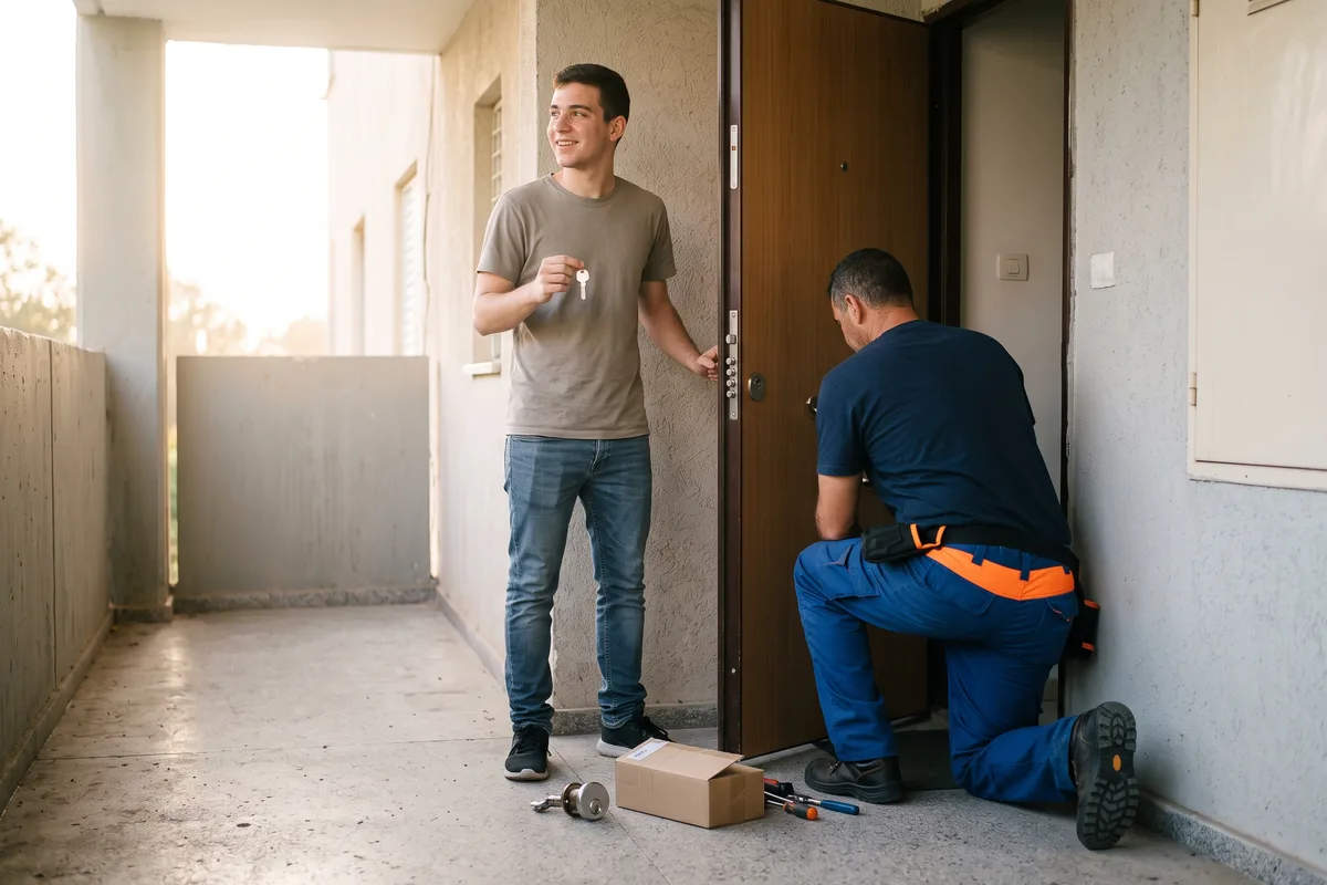 החלפת מנעולים בכרמיאל, בעל הדירה בודק את המנעול החדש