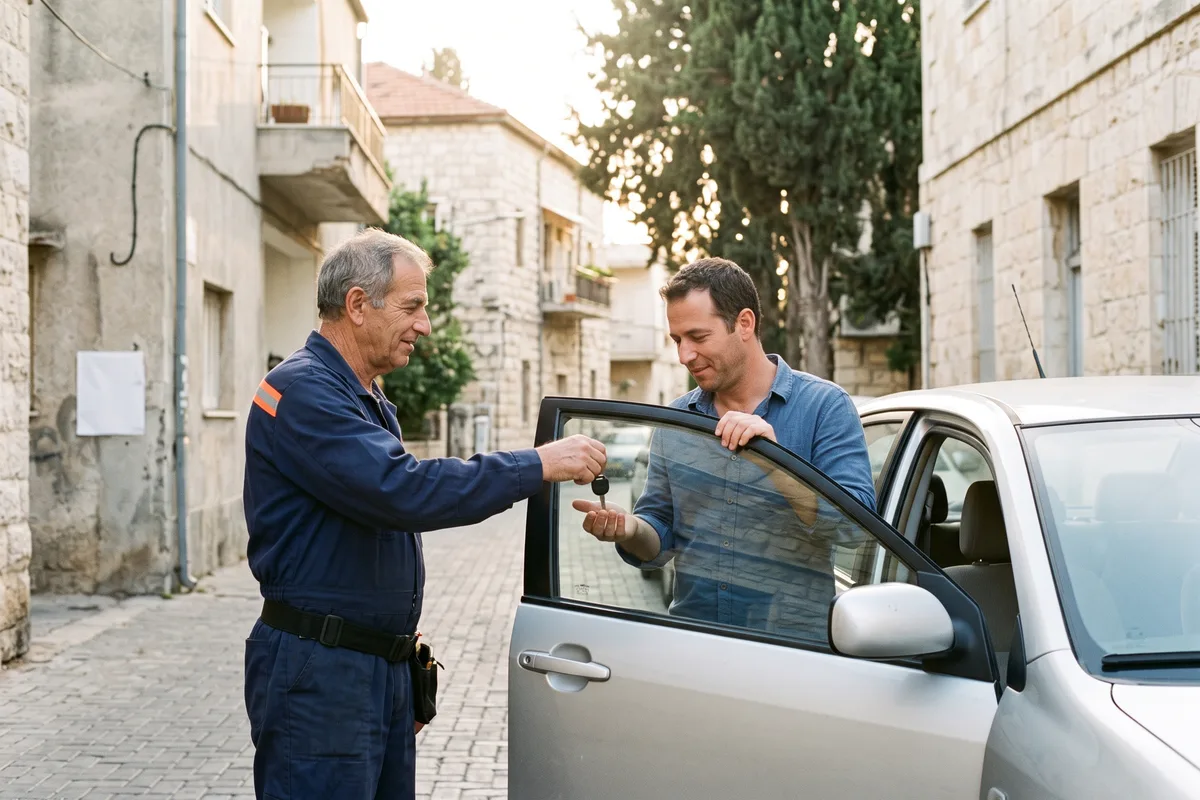 מנעולן רכב ברחובות מחזיר מפתחות לנהג אחרי פתיחת רכב נעול